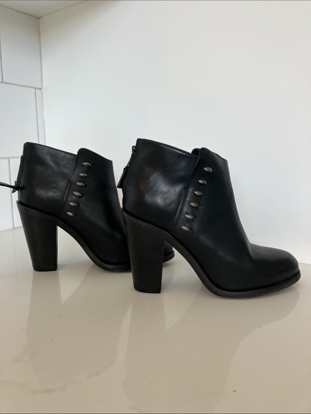 rag & bone Black Leather Ankle Booties with Silver Stud Accents